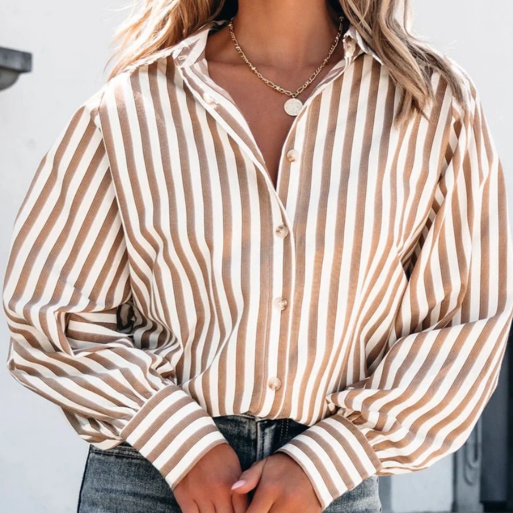 Evereve Allison Jay Gold and White Stripe Button Up Long Sleeve Size Medium